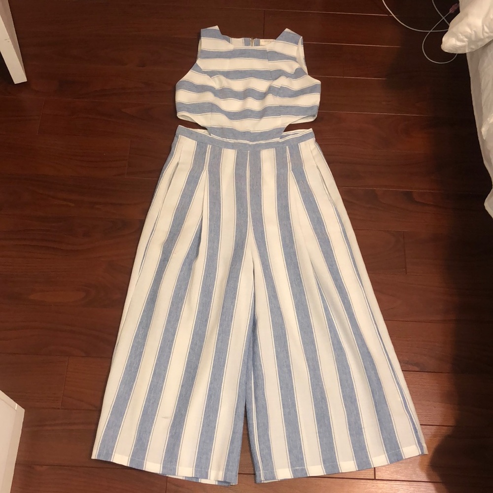 Blue and white striped jumpsuit